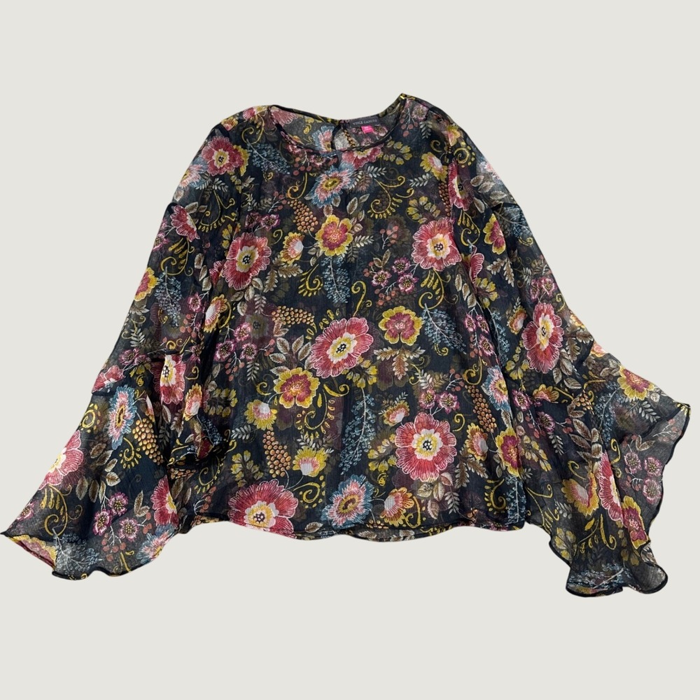 Whimsical Boho Strawberry sz XXS Black Floral Tiered Bell Sleeve Sheer Georgette